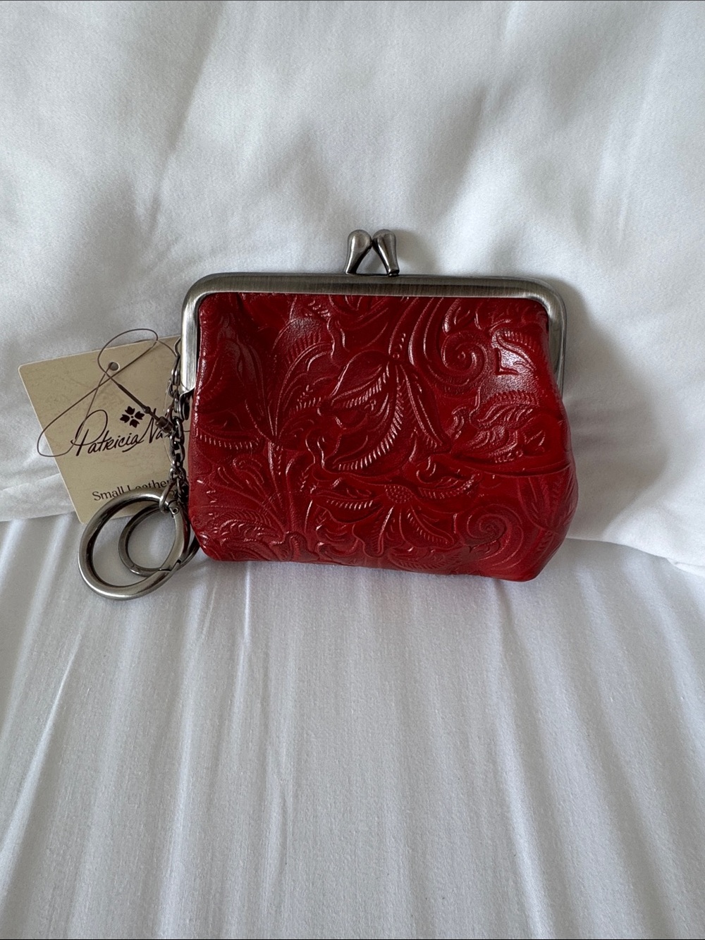 Patricia Nash Red Embossed Leather Kiss-Lock Coin Purse with Keyring NWT